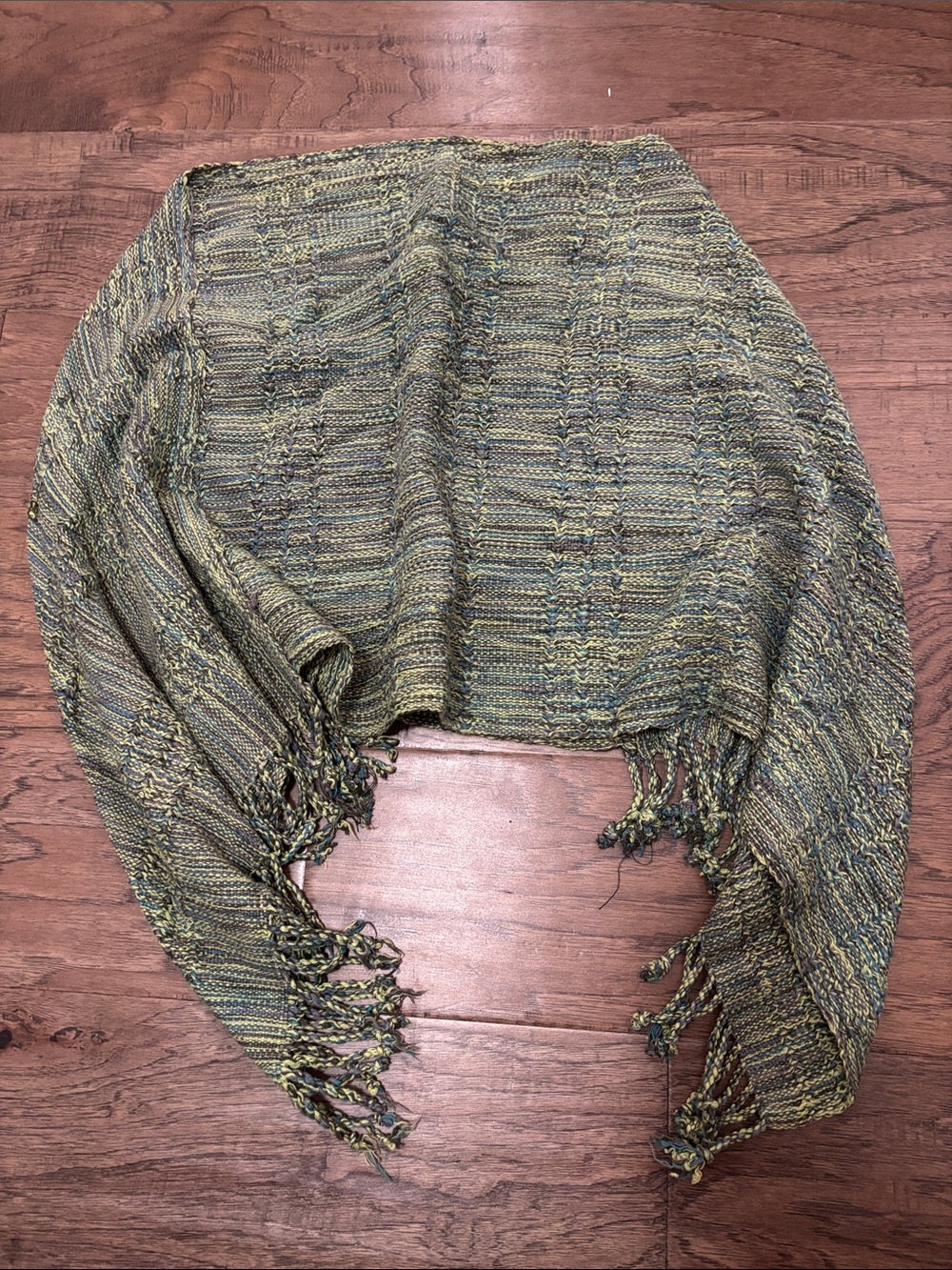 Handwoven Olive Green and Blue Textured Shawl with Fringe